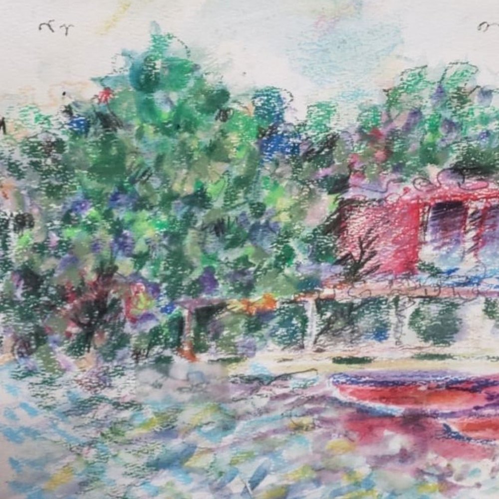 Original Hand Drawing Mixed Techniques Colorful " Red Kayak"Signed
